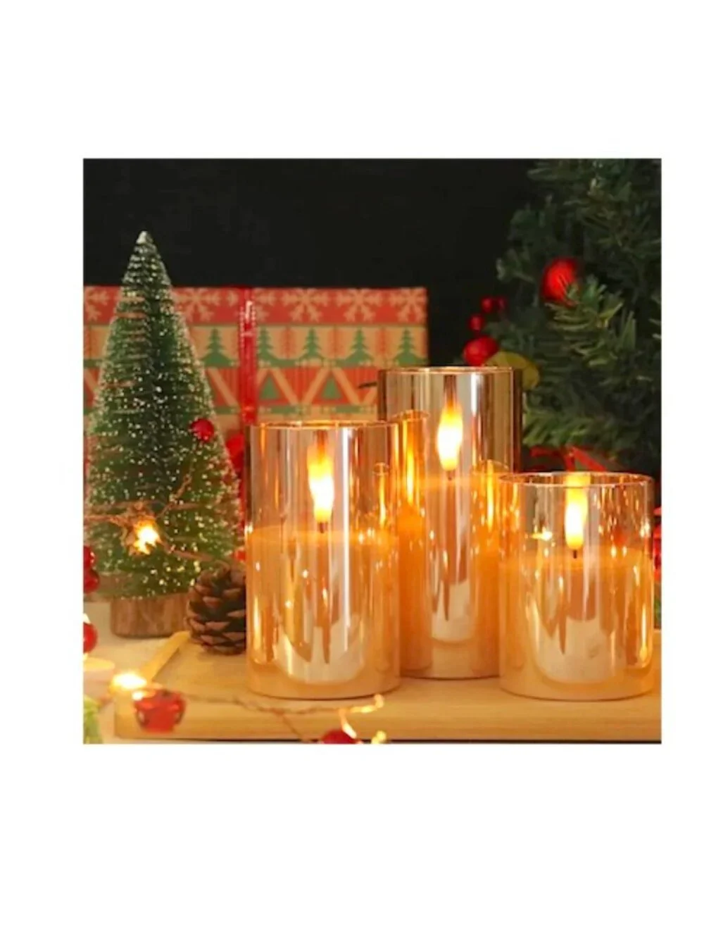 Rachel Zoe Set of 3 Gold Glass Flameless LED Candles Remote Control Timer NEW